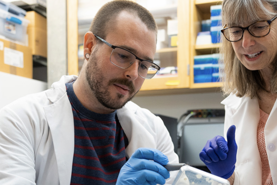 photo of two people in lab with samples, rubber gloves