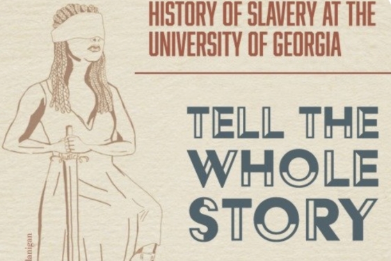 graphic with drawing of woman with sword, text